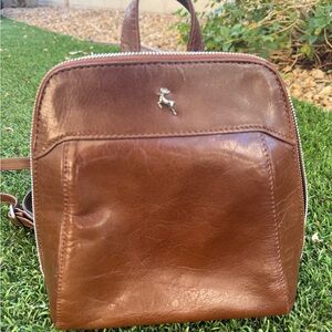 Brown Leather Backpack with Silver Logo